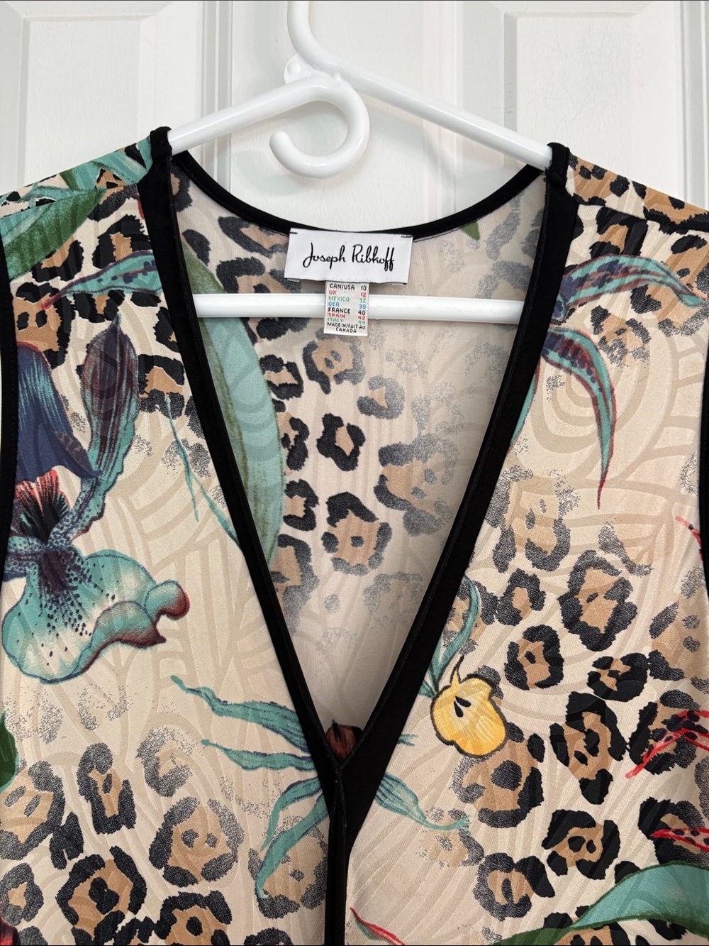 Joseph Ribkoff Vintage Leopard Floral Long Vest Dress in Beige with Black Trim - Picture 2 of 12